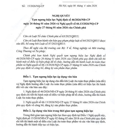 Temporary Suspension of the Enforcement of Decree No. 46/2026/NĐ-CP and Resolution No. 66.13/2026/NQ-CP of the Government